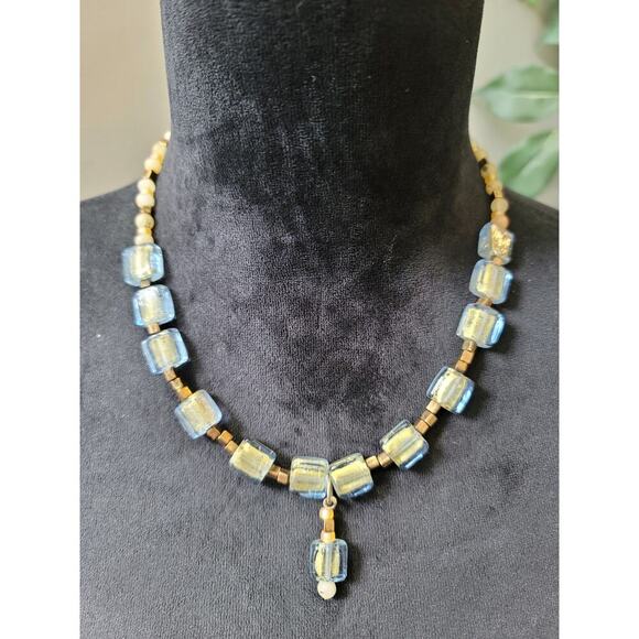 Women's Blue And Gold Glass Beaded Necklace With Barrel Screw Clasp Lock - Picture 1 of 6